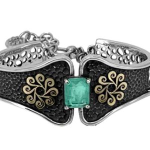 Pulsera Plata y Oro laminado 18k, Cuarzo Esmeralda