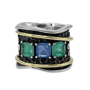 Anillo Plata y Oro laminado 18k, Esmeralda y Tanzanita