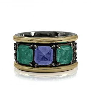 Anillo Plata y Oro laminado 18k, esmeralda y tanzanita